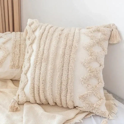 Cream-colored boho geometric tufted pillow cover with textured fringed tassels and woven rope accents for living room decorbites cushion cover set of 4