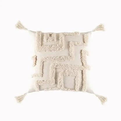 Cream-colored boho geometric tufted pillow cover with textured pattern and tassels for living room cushion decorbites set of 4