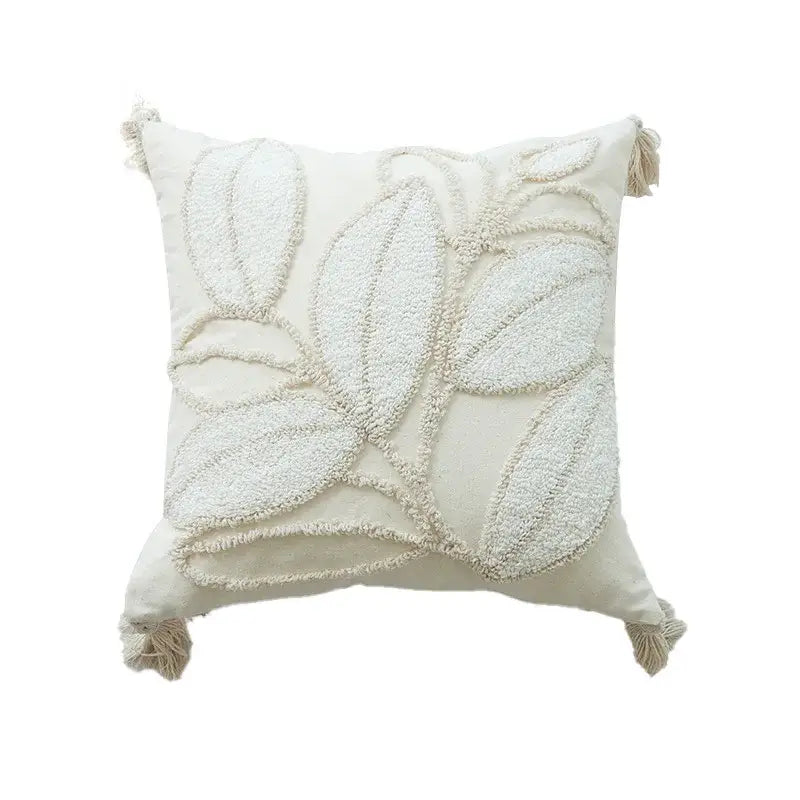 Cream-colored boho geometric tufted pillow cover with textured leaf embroidery and tassels for living room decorbites cushion cover set