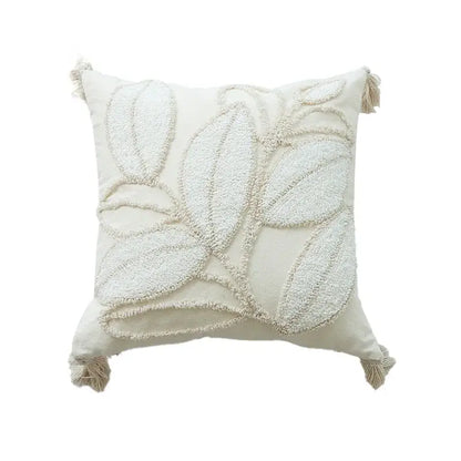 Cream-colored boho geometric tufted pillow cover with textured leaf embroidery and tassels for living room decorbites cushion cover set