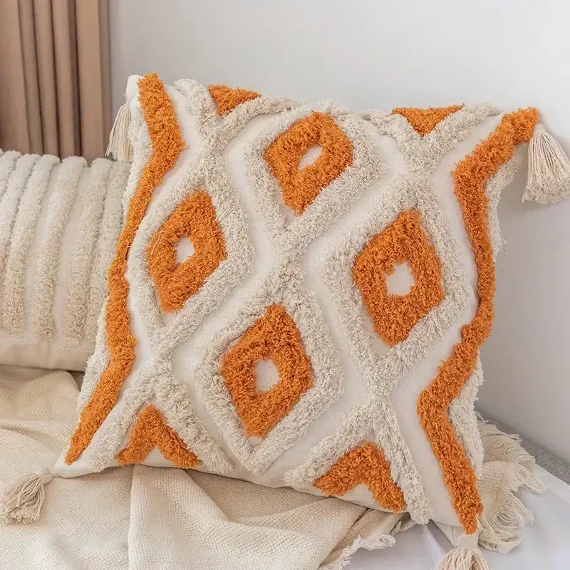 Cream-colored boho geometric tufted pillow cover with orange patterns and tassels cushion cover for living room decorbites set of 4