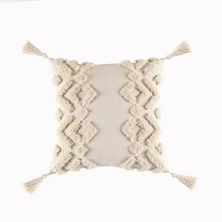 Cream-colored boho geometric tufted pillow cover with diamond-patterned tassels and fringe for living room decorbites set of 4