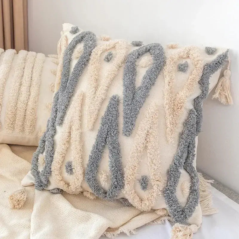 Cream and gray textured boho geometric tufted pillow cover with tassels for living room decorbites cushion cover set of 4