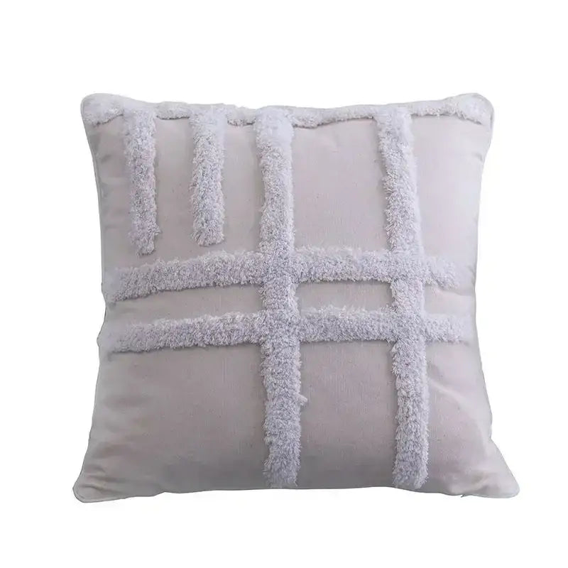 Boho geometric tufted pillow cover in light gray with white fluffy tassel grid pattern for living room decorbites set of 4