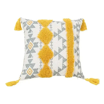Boho geometric tufted pillow cover with white base gray patterns and mustard-yellow tassels for living room decorbites set