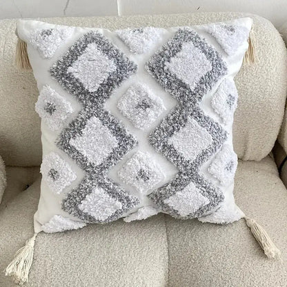 Boho geometric tufted pillow cover with white and gray pattern and textured fluffy tassels for living room decorbites set of 4