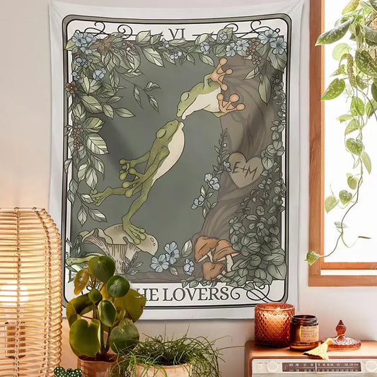 A soft gray boho lover tarot tapestry featuring a decorbites frog lover design with kissing frogs and foliage wall decor