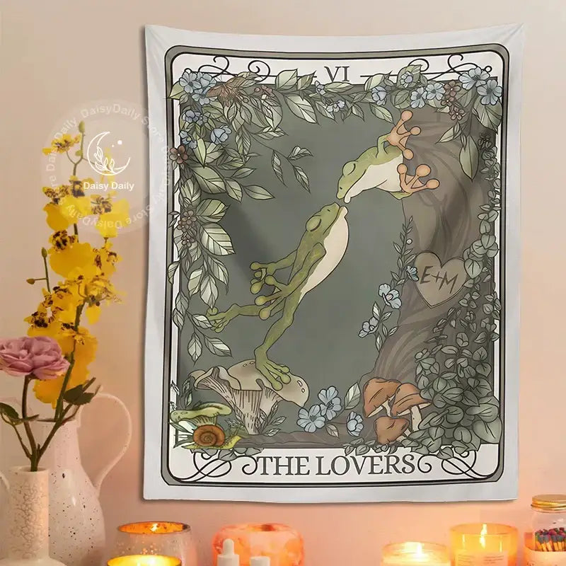 Boho gray frog lover tarot tapestry bedroom wall hanging with soft gray fabric and romantic green frogs decorbites frog lover design