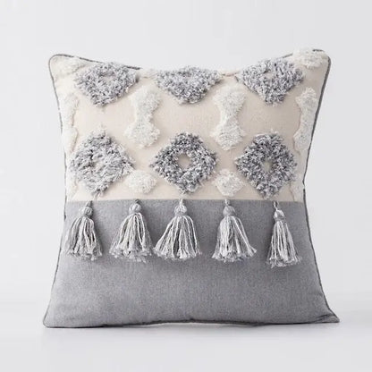 Boho morocco tufted square cushion cover in beige gray with embroidered patterns and tassels for living room decorbites boho morocco