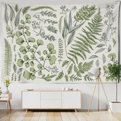 Bohobites botanical tapestry wall hanging featuring green and gray leaf illustrations on cream for bedroom decor
