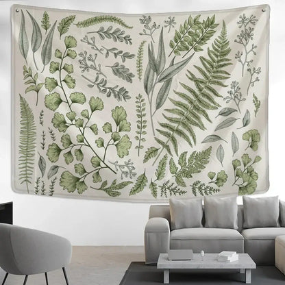 Beige decorbites botanical tapestry wall hanging with intricate green and gray leaves for bedroom decor