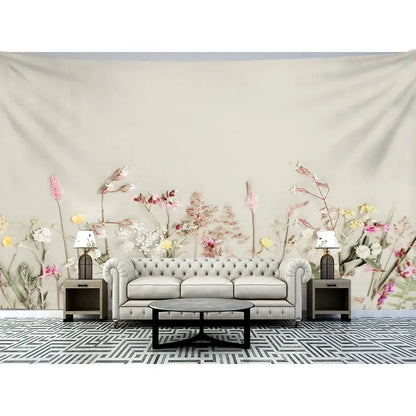 Beige tufted leather sofa with rolled arms and button detailing complementing decorbites boho green leaf tapestry wall hanging