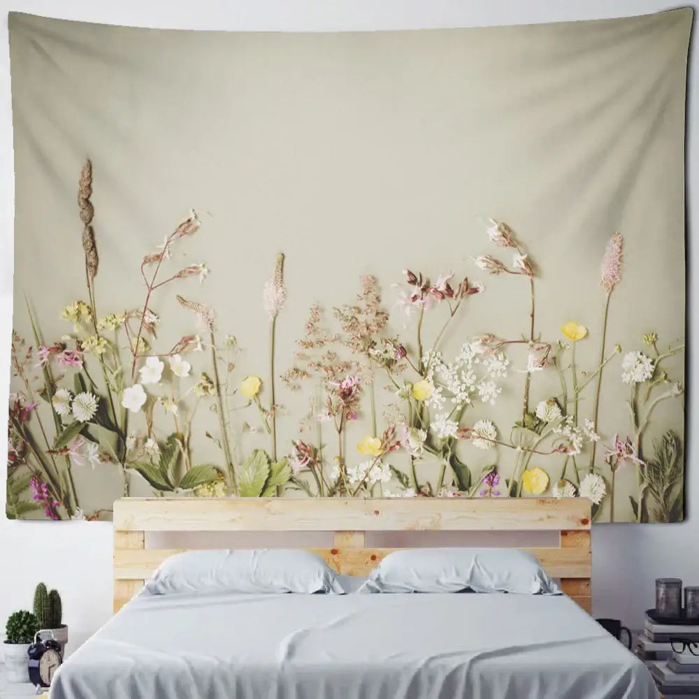 A soft beige boho green leaf tapestry with pastel wildflowers print for bedroom wall hanging decorbites boho green leaf