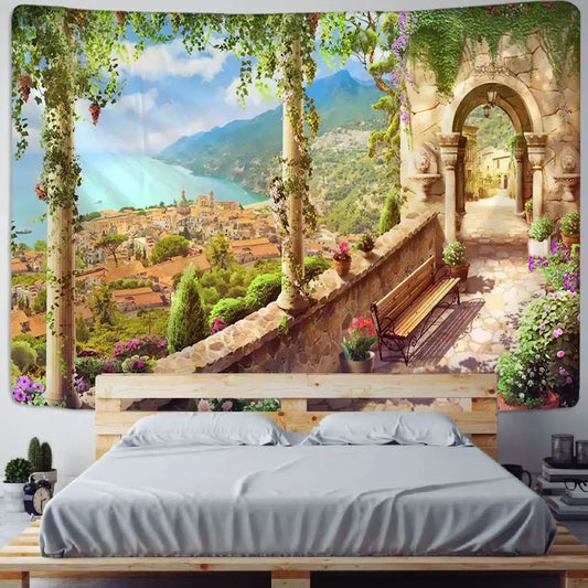 A vibrant boho green plant landscape tapestry featuring a sunlit italian village with stone archways above the bed