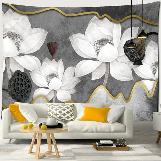 Boho ink lotus koi tapestry featuring white lotus flowers black seed pods and gold lines on gray textured wall decorbites ink lotus