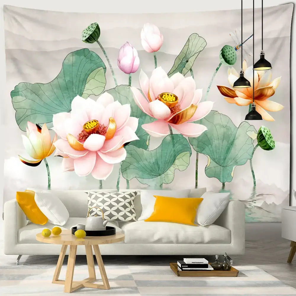 Boho ink lotus koi tapestry featuring a watercolor-style pink and peach lotus koi floral design for bedroom decorbites ink lotus wall art
