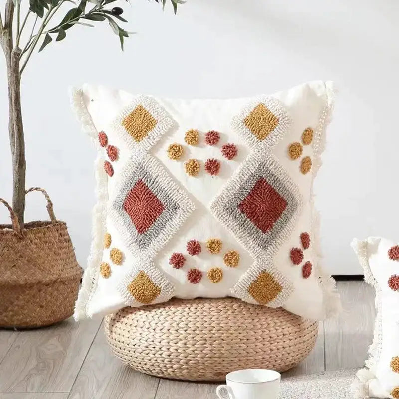 Boho ivory brown pillow cover with textured terracotta and mustard geometric patterns and frayed edges for decorbites decor