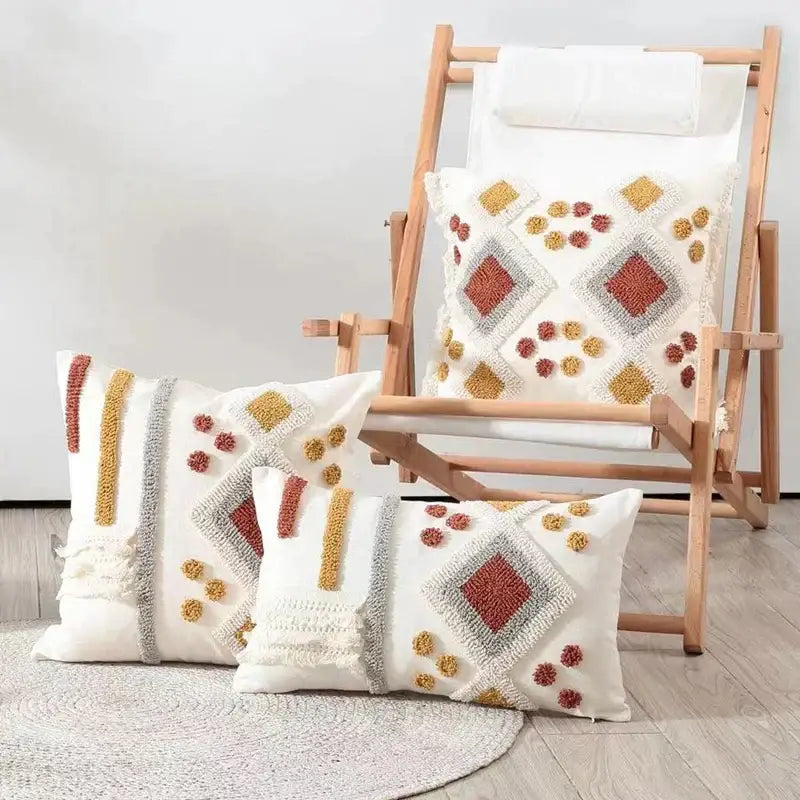 Cream-colored boho ivory brown throw pillow cover with textured geometric terracotta and mustard yellow decorbites boho ivory patterns