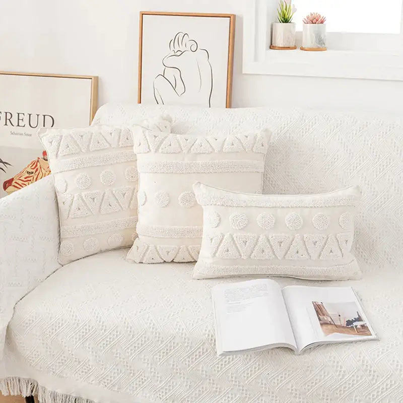 Set of three off-white textured geometric embroidered throw pillows featuring decorbites ivory cotton loop cushion covers