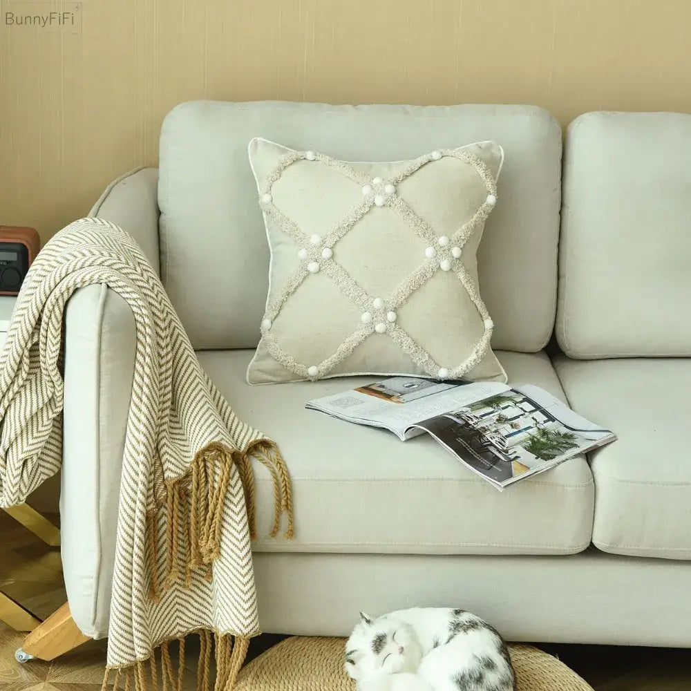 Beige boho ivory cushion cover with diamond pattern textured embroidery and colorful pompoms for decorbites bedroom decor