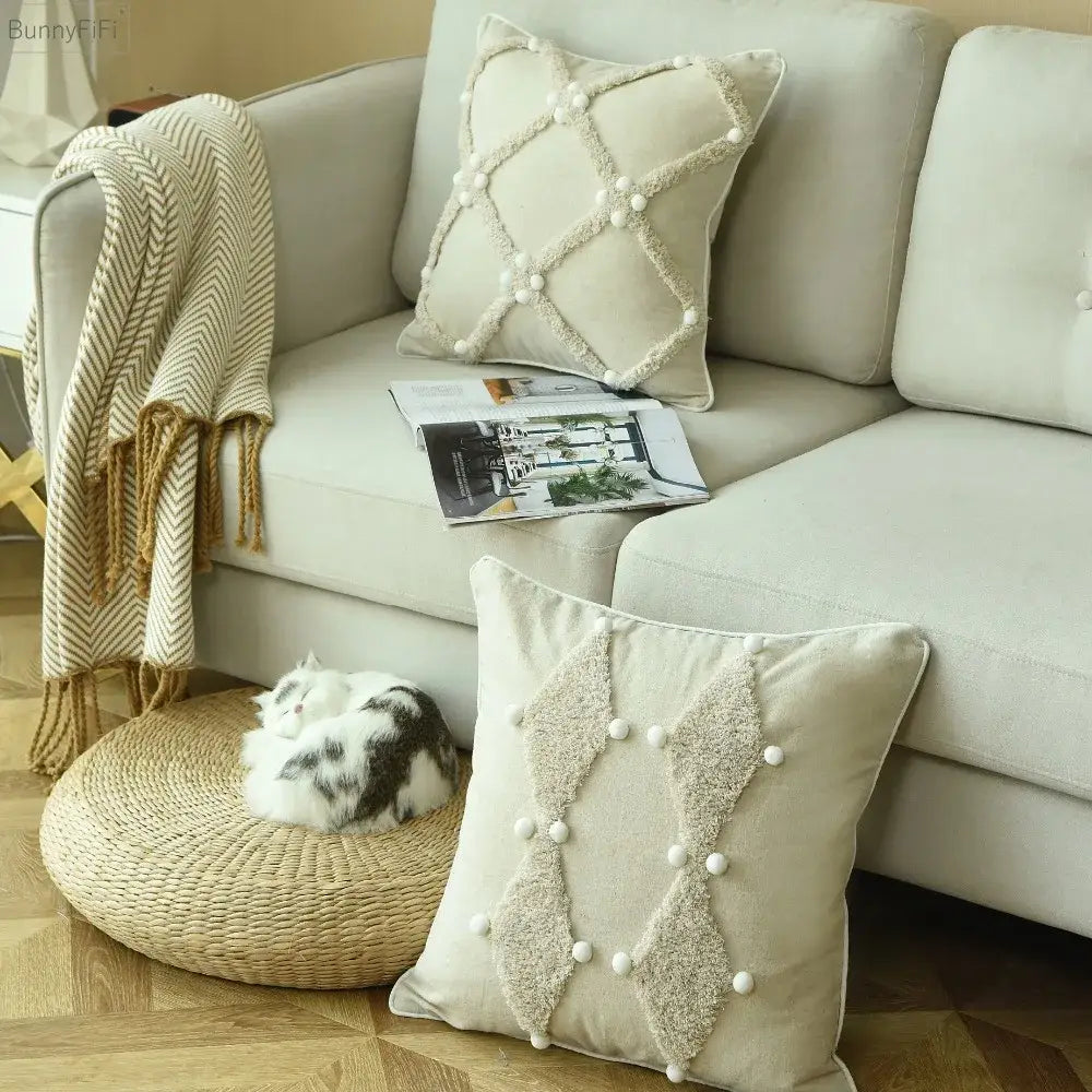 Beige boho ivory cushion cover with textured diamond pattern and colorful pompoms for decorbites bedroom decor