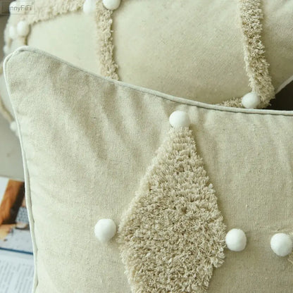 Beige linen cushion cover with textured diamond appliqué and colorful pompoms for decorbites ivory boho decor