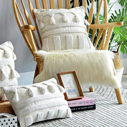 Cream-colored boho ivory tufted tassel cushion cover with textured woven design for living room decorbites ivory tufted pillow