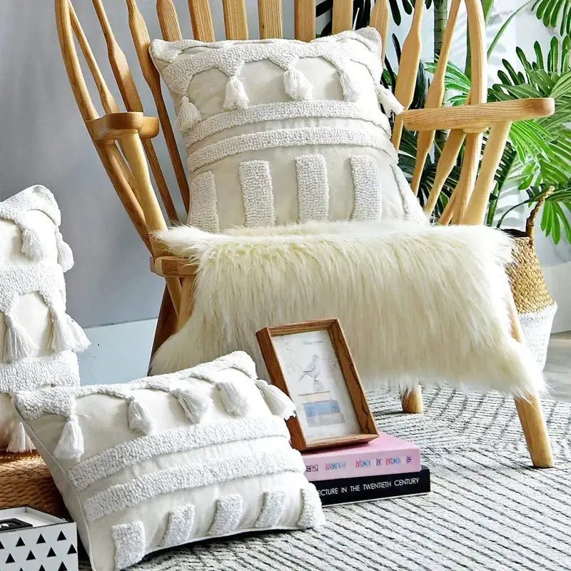 Cream-colored boho ivory tufted tassel cushion cover with textured woven design for living room decorbites ivory tufted pillow