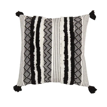 Black and white woven cushion cover with textured stripes geometric patterns and tassels decorbites boho jacquard cushion