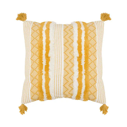 Cozy mustard yellow and cream woven cushion cover with tassels in decorbites boho jacquard living room decor