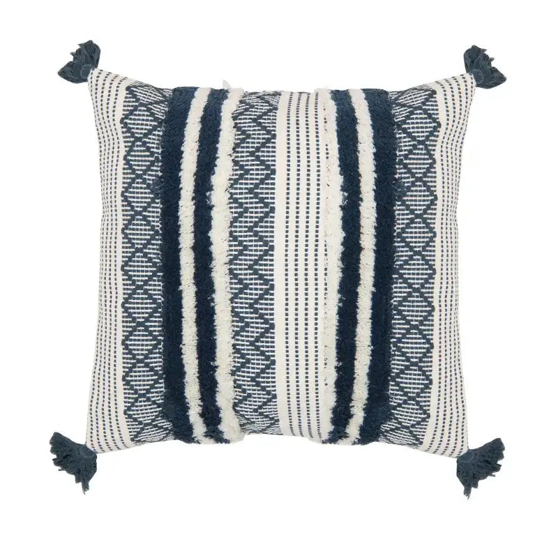 Navy and cream striped woven boho jacquard cushion cover with tassels decorbites boho jacquard for living room decor