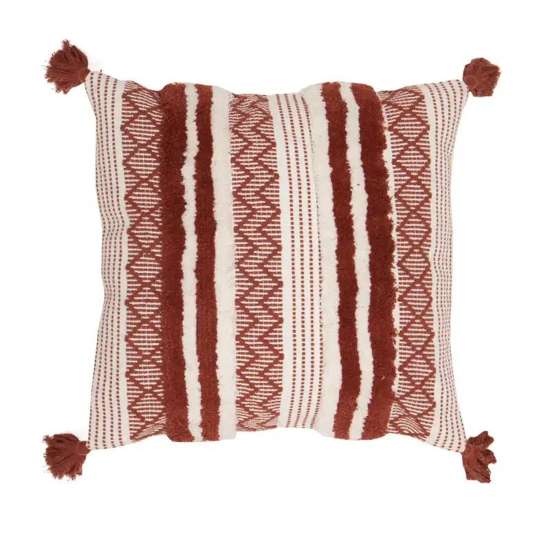 A boho jacquard cushion cover with terracotta and cream woven stripes and tassels for stylish living room decorbites decor