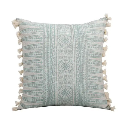 Boho light blue and white pillow cover with light mint green geometric pattern and green tassel decorbites green tassel pillow