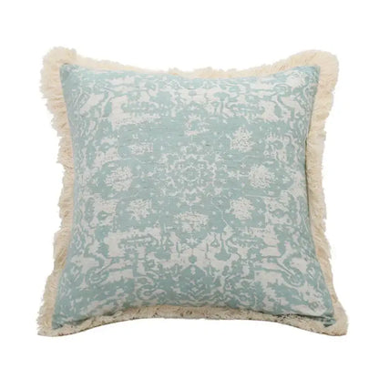 Boho light blue and white patterned pillow cover with cream fringe decorbites green tassel pillow for living room decor