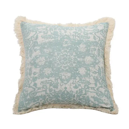 Boho light blue and white patterned pillow cover with cream fringe tassel for living room decorbites green tassel pillow