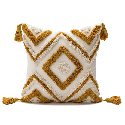 Cream and mustard yellow geometric boho loop tufted pillow cover with tassels for bedroom decorbites boho loop cushion