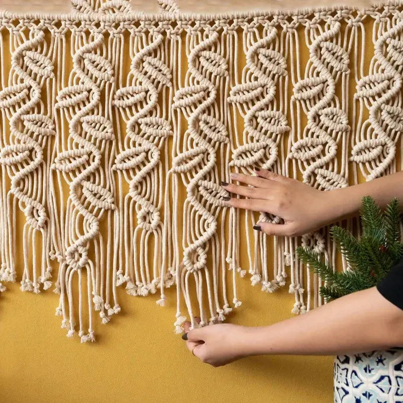 Beige decorbites boho macrame tapestry curtain with intricate woven leaf pattern and tassels for bedroom decor