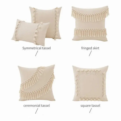 Cream cotton cushion cover with decorative tassels and ruffles boho macrame woven by decorbites for bedroom decor