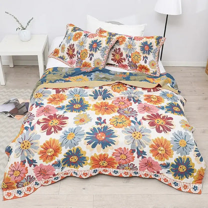 Boho mandala cotton summer blanket with vibrant floral pattern and lace trim in teal orange and cream by decorbites