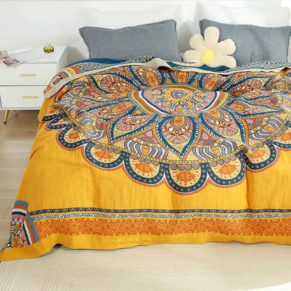 Vibrant yellow boho mandala cotton summer blanket with colorful intricate paisley and geometric designs for bedroom decor
