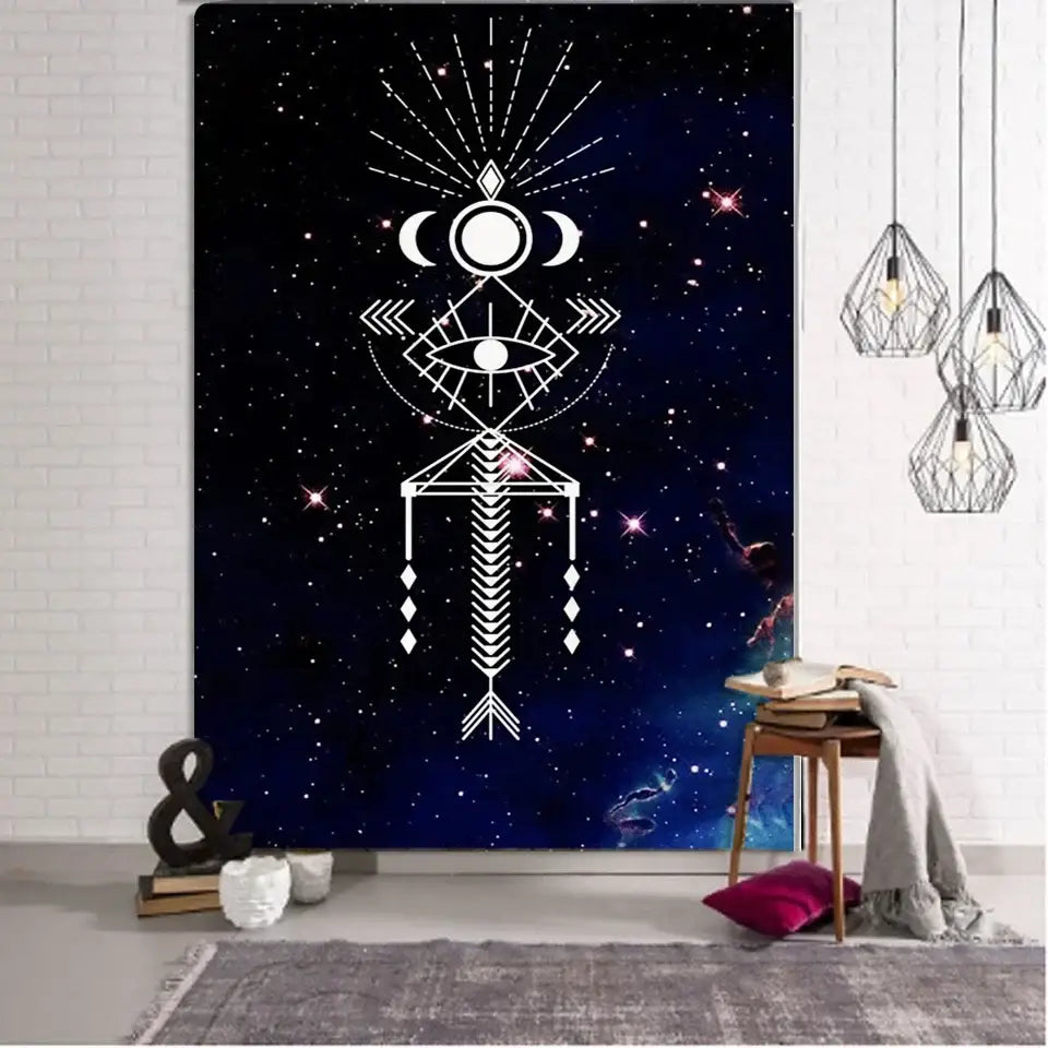 Decorbites boho mandala tapestry featuring a white geometric eye moon phases on deep blue cosmic dreamcatcher wall hanging