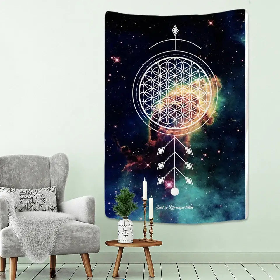Decorbites boho mandala tapestry cosmic dreamcatcher wall hanging with white geometric design on vibrant nebula background