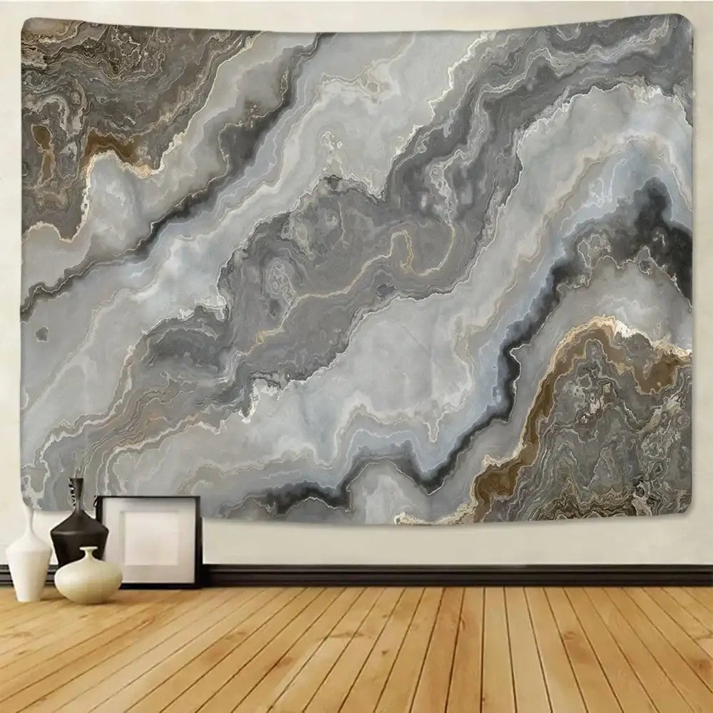 Gray and white marble patterned boho marble abstract wall tapestry with subtle gold accents for bedroom decor by decorbites boho
