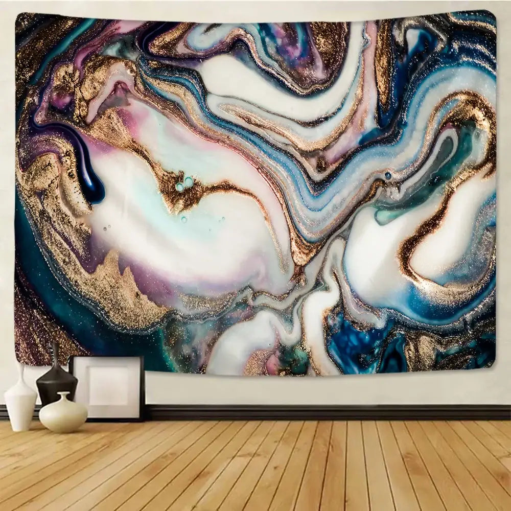 A decorbites boho marble abstract agate wall tapestry with vibrant blue white gold glitter and purple for bedroom decor