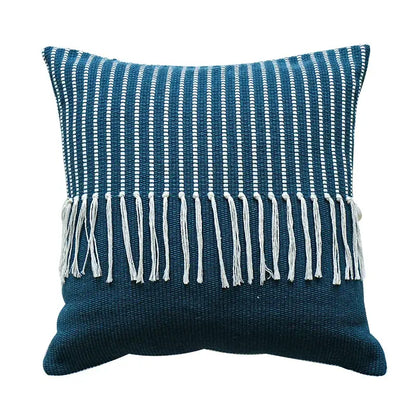 Teal and white striped woven throw pillow with fringe trim for decorbites boho moroccan fringed living room decor
