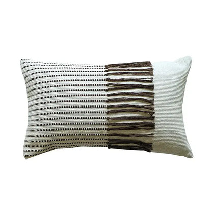 Rectangular boho moroccan fringed pillowcase with black off-white stripes cream fabric and dark brown tassels for living room decor