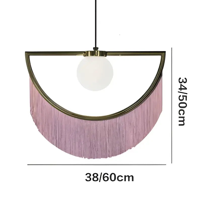 Delicate pink fringe glass ball pendant light with gold semi-circular frame and frosted globe bulb for bedroom