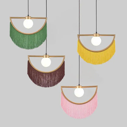 Boho multi color fringe glass ball pendant light with gold semi circular frame and green yellow brown pink fringe