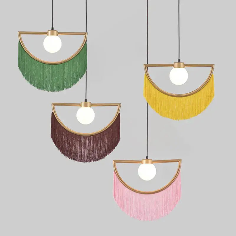 Boho multi color fringe glass ball pendant light with gold semi circular frame and green yellow brown pink fringe