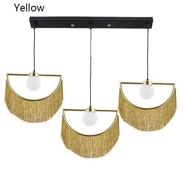 Yellow fringed semi-circular pendant light with gold metal frame and white glass ball pendant for bedroom decor